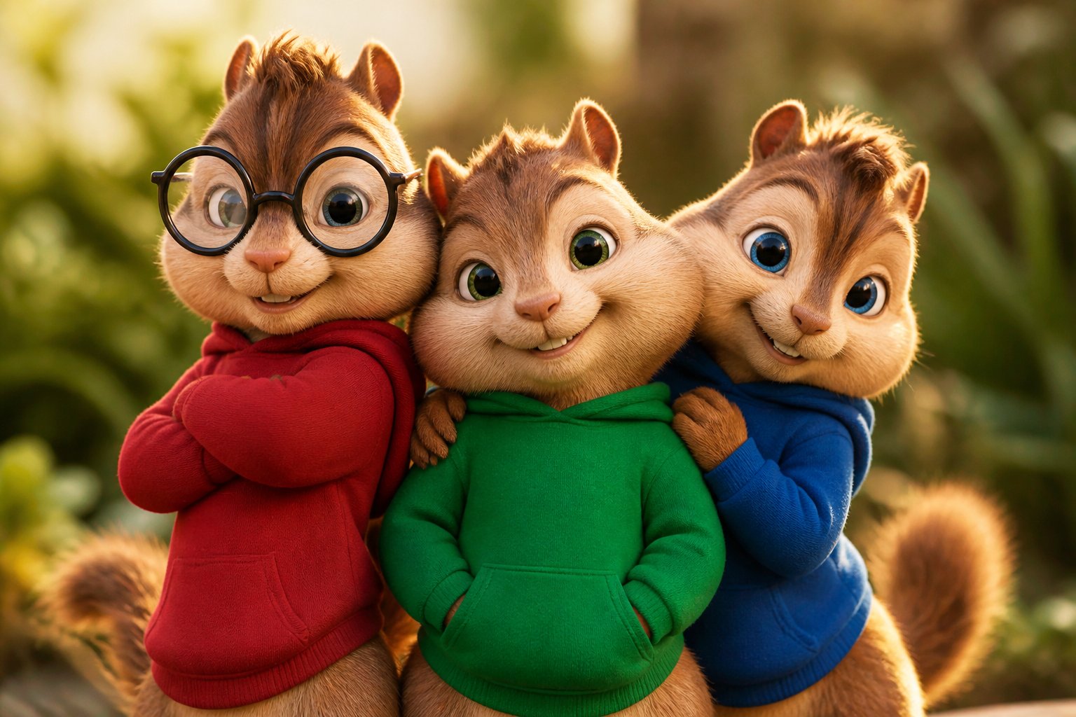 Three anthropomorphic chipmunks standing together outdoors, smiling and looking friendly.
