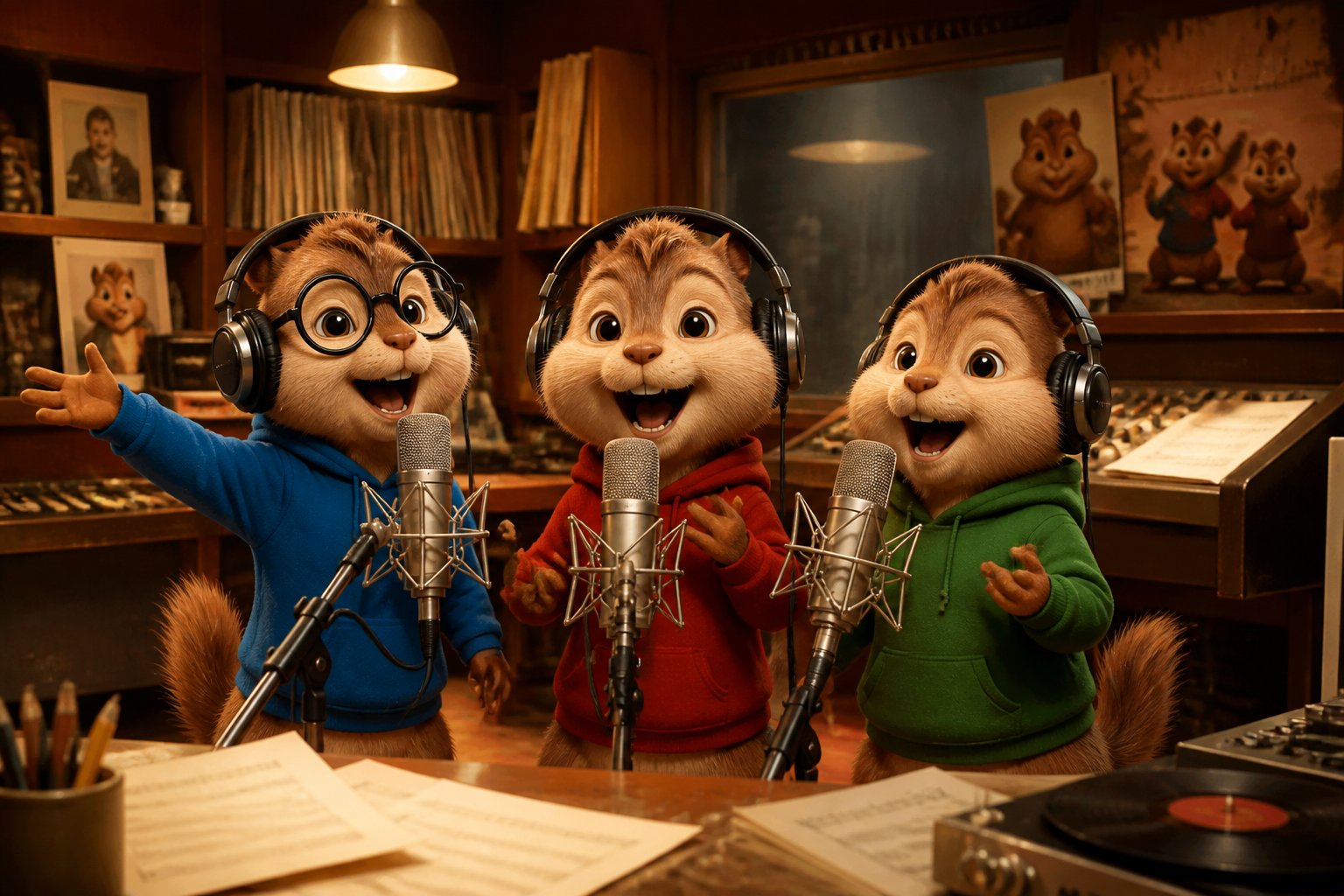 Three animated chipmunks singing in a vintage recording studio surrounded by music equipment and records.