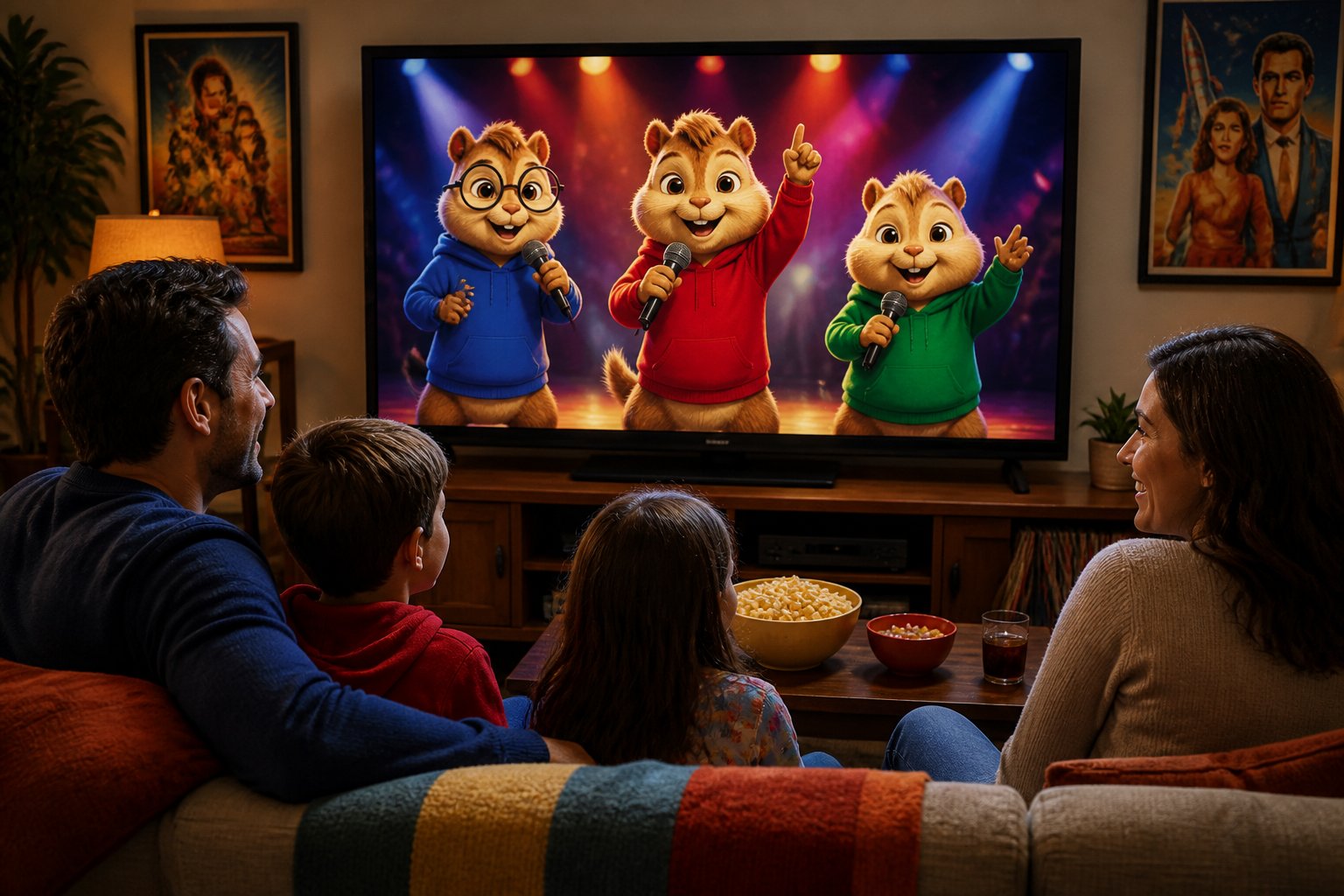 A family watching an animated show featuring three singing chipmunks on a television in a cozy living room.