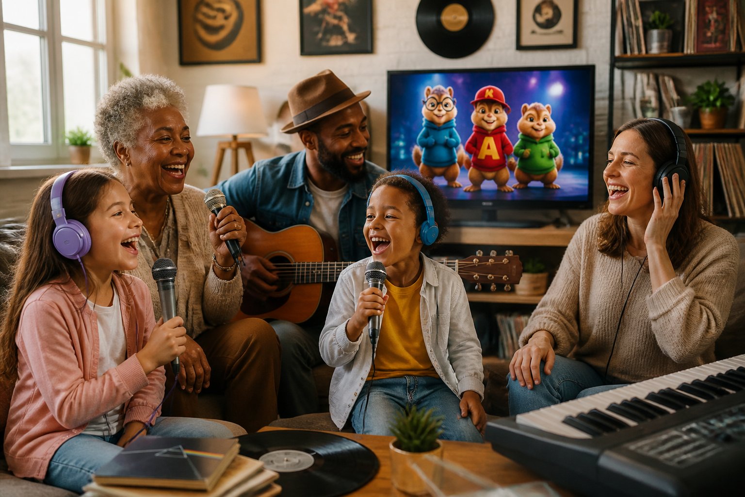 A group of people of different ages enjoying music together in a living room with animated chipmunk characters visible on a screen in the background.