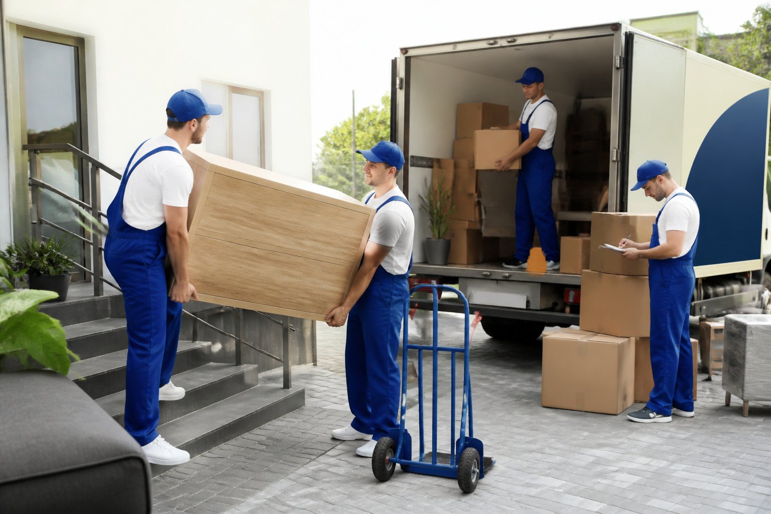 Equipe de trabalhadores de empresa de remoção transportando móveis e caixas em um ambiente residencial ou comercial.