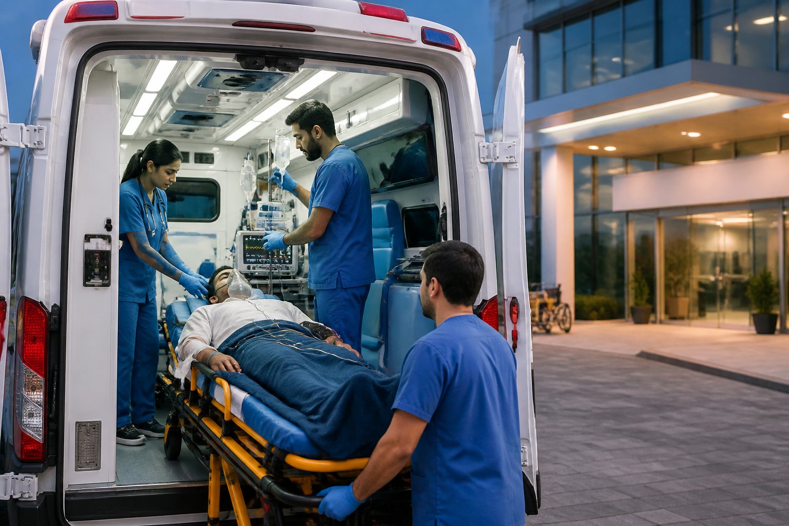 Ambulância móvel de UTI com equipe médica atendendo paciente em maca próximo à entrada de hospital.