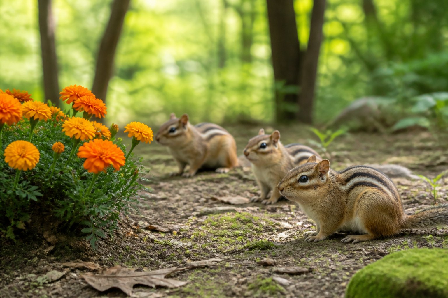 Chipmunks on the forest floor near a cluster of brightly colored flowers, keeping their distance from the plants.