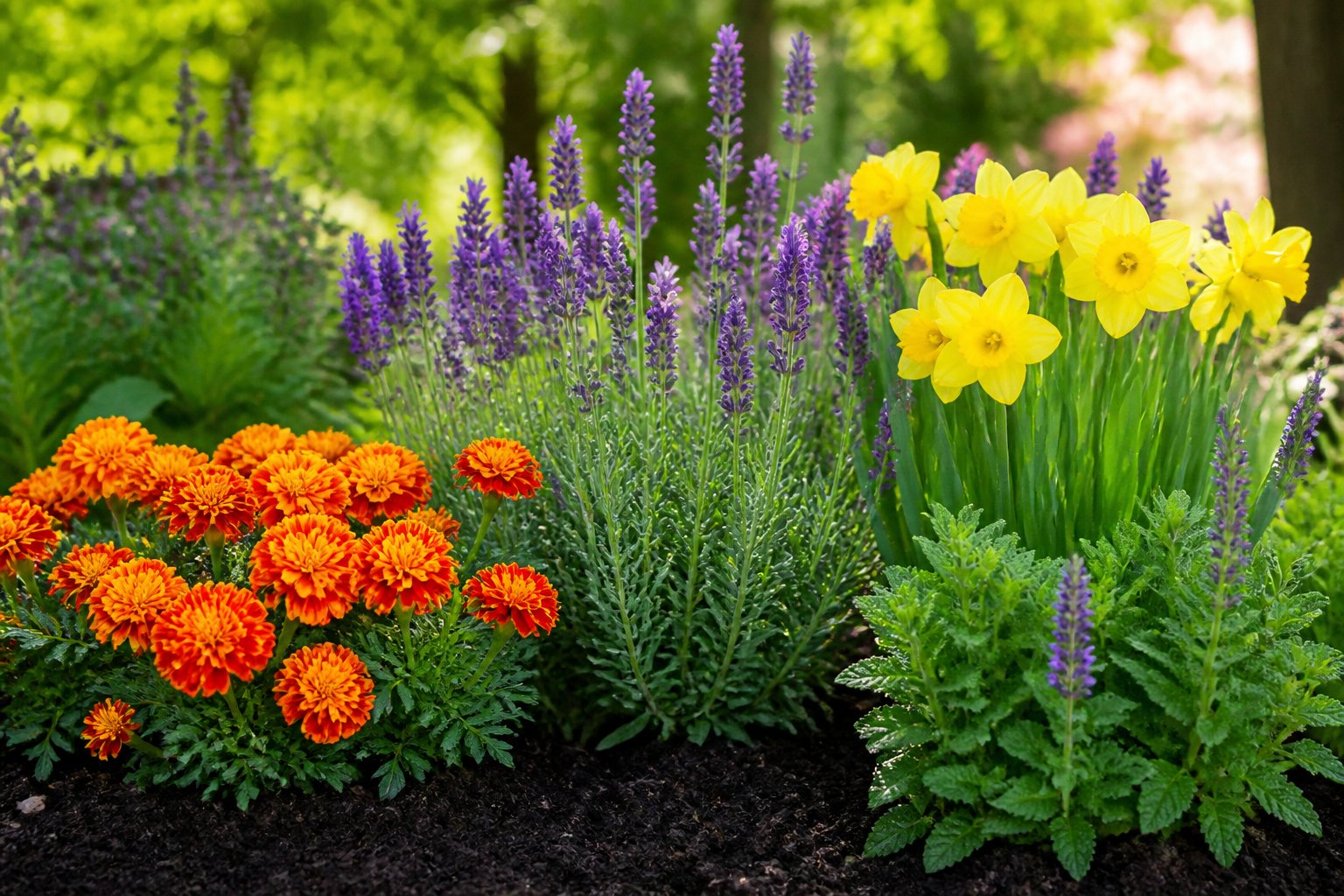 A garden bed with colorful flowers including marigolds, lavender, and daffodils growing in dark soil.