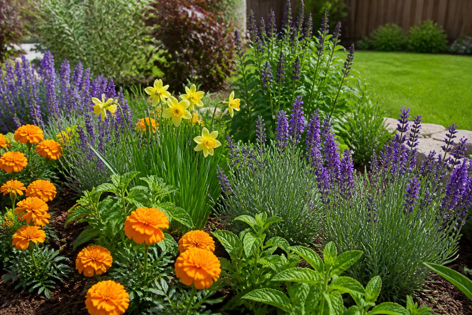 A garden bed with colorful flowering plants including marigolds, lavender, and daffodils surrounded by green foliage and sunlight.