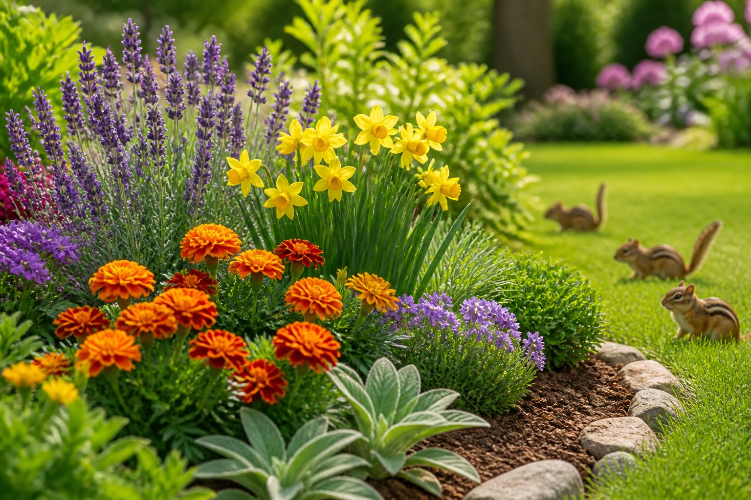 A garden bed with colorful flowers that chipmunks avoid, with chipmunks in the background staying away from the plants.