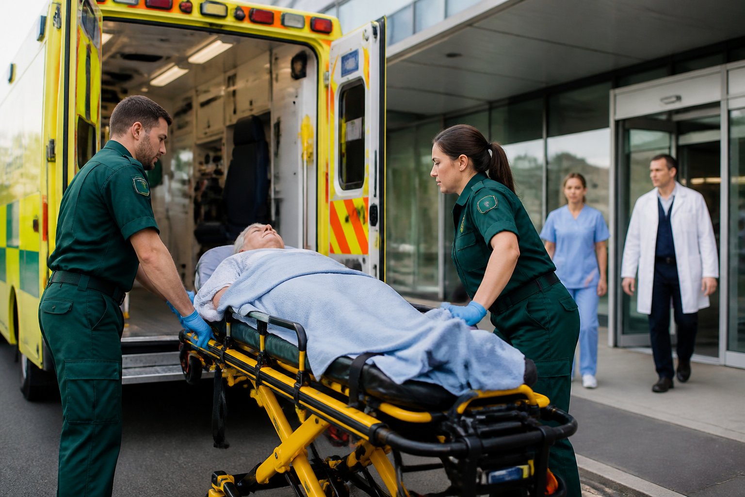 Paramédicos auxiliando um paciente em uma maca próximo a uma ambulância estacionada na entrada de um hospital.
