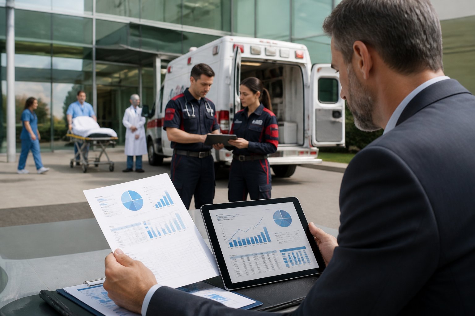 Ambulância estacionada em frente a um hospital com paramédicos conversando e uma pessoa revisando documentos e gráficos.