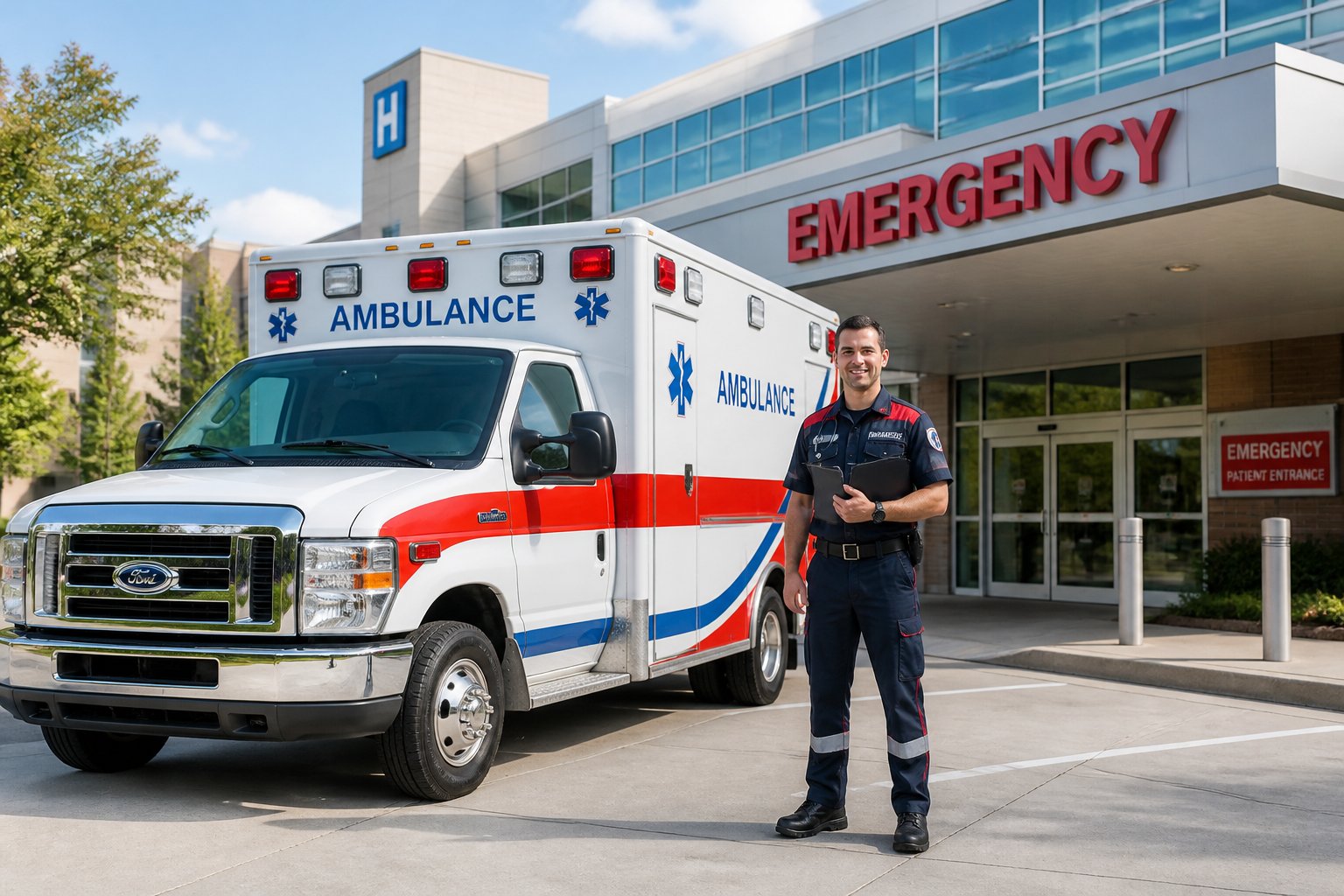 Uma ambulância moderna estacionada em frente a um hospital durante o dia, com um paramédico em uniforme ao lado.