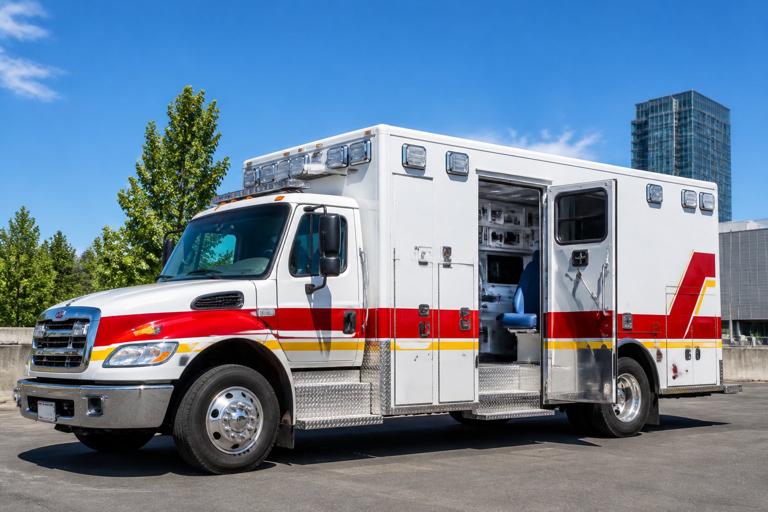 Uma ambulância grande estacionada ao ar livre com a porta lateral aberta, mostrando parte do interior e equipamentos médicos.