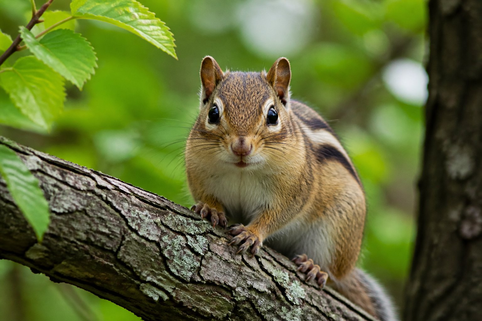 A chipmunk sitting on a tree branch in a forest, looking alert.