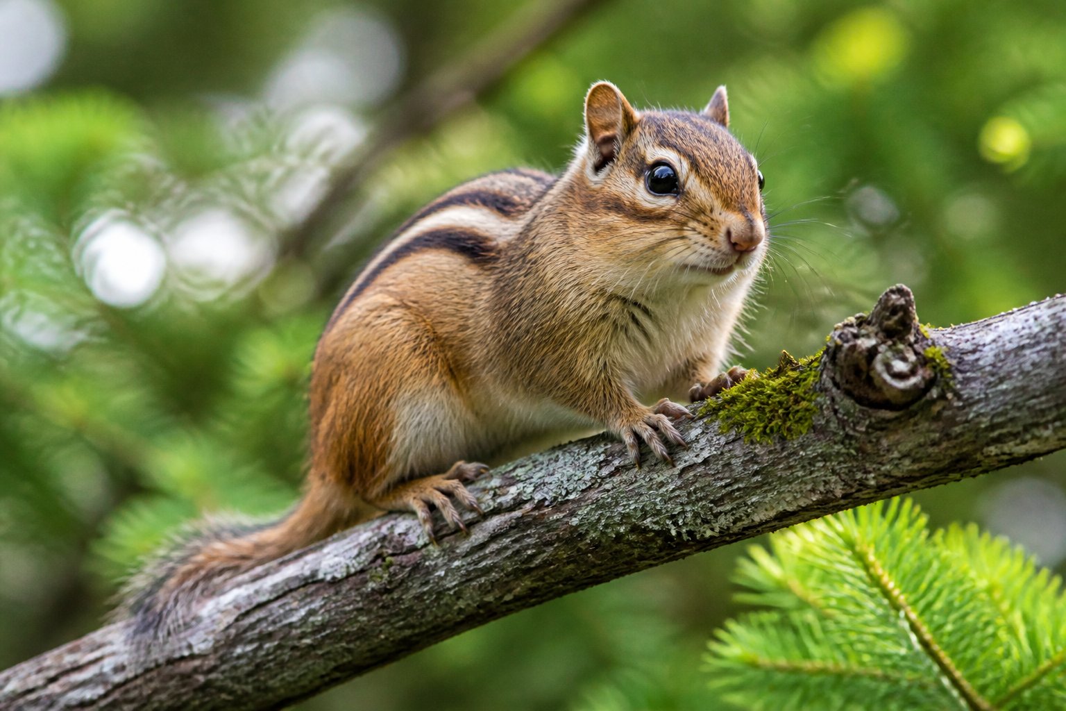 A close-up of a chipmunk sitting on a tree branch in a green outdoor environment.