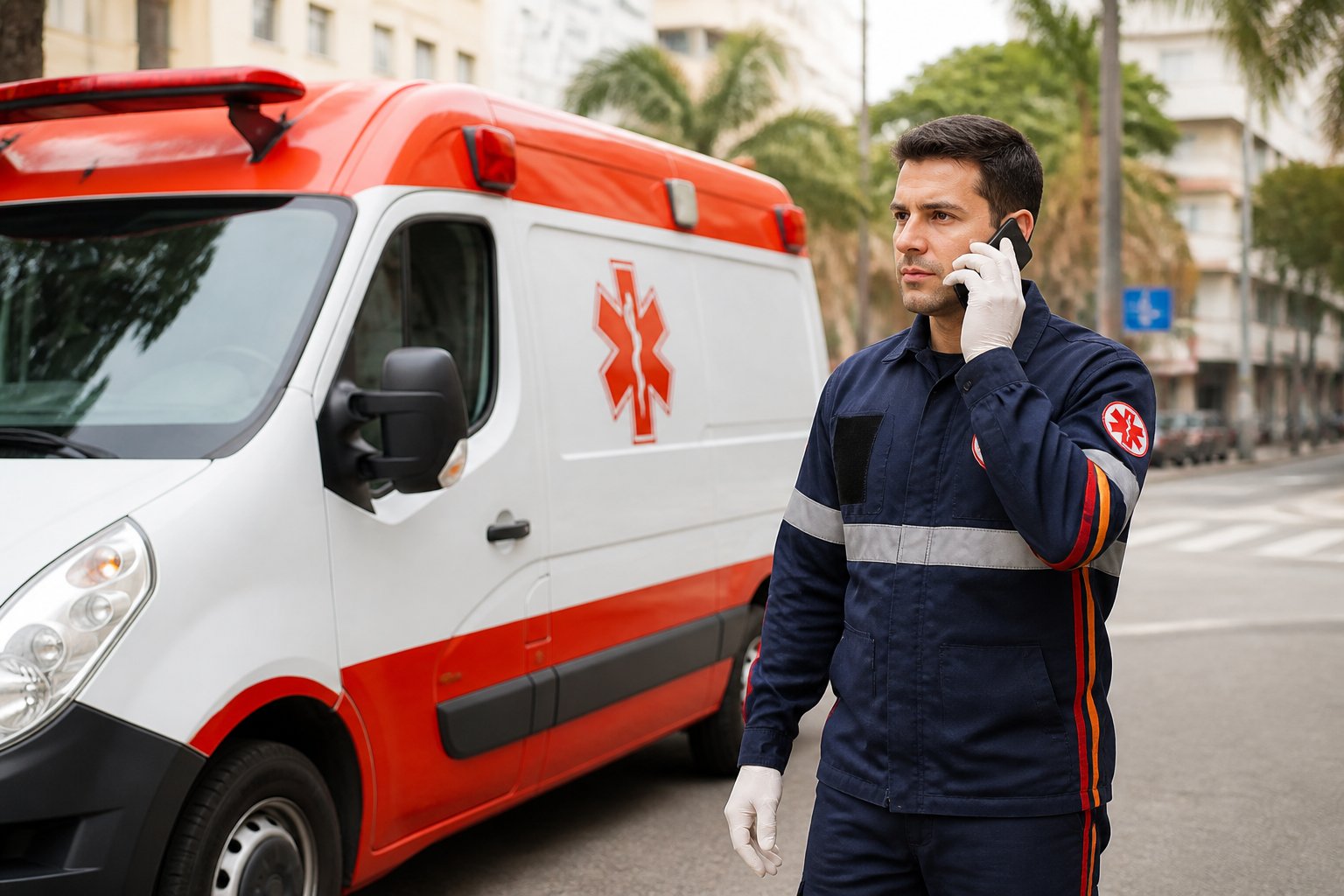 Ambulância brasileira estacionada na rua com um paramédico falando ao telefone, em uma área urbana.