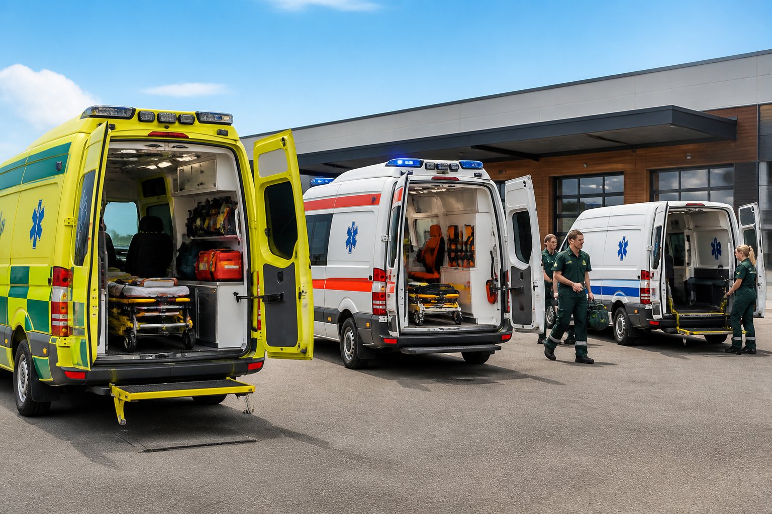Vários tipos de ambulâncias alinhadas fora de uma unidade de emergência, com paramédicos preparando equipamentos ao fundo.