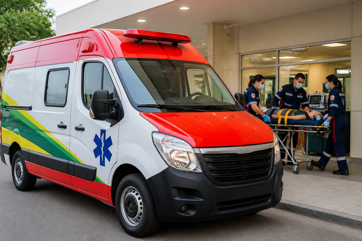 Ambulância brasileira estacionada em frente a um hospital com paramédicos preparando equipamento médico.