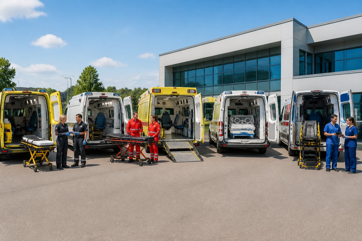 Vários tipos de ambulâncias estacionadas em frente a um hospital, com profissionais de saúde ao redor, mostrando diferentes especializações de veículos de emergência.
