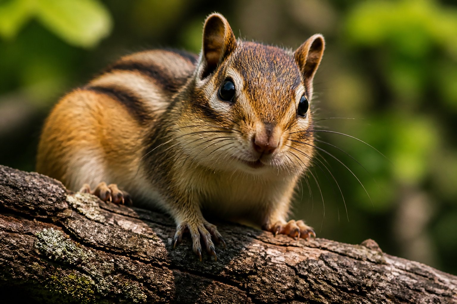 Close-up of a chipmunk sitting on a tree branch with visible whiskers and green foliage in the background.
