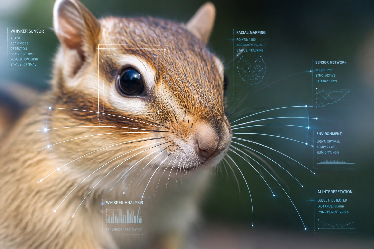 Close-up of a chipmunk's face showing its whiskers with digital sensor graphics overlayed around it.