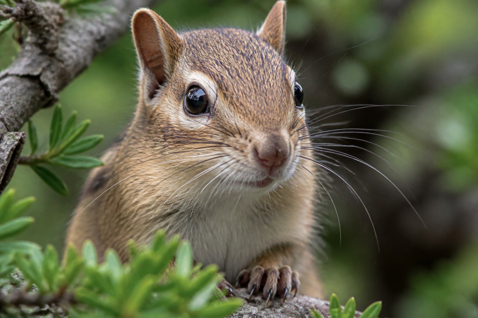 Close-up of a chipmunk showing its whiskers while sitting on a tree branch surrounded by green leaves.