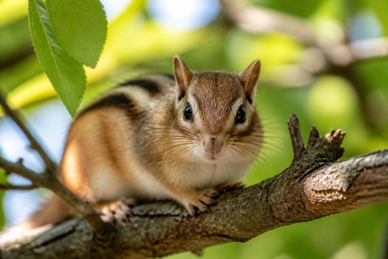 Close-up of a chipmunk sitting on a tree branch with visible whiskers and green leaves around it.