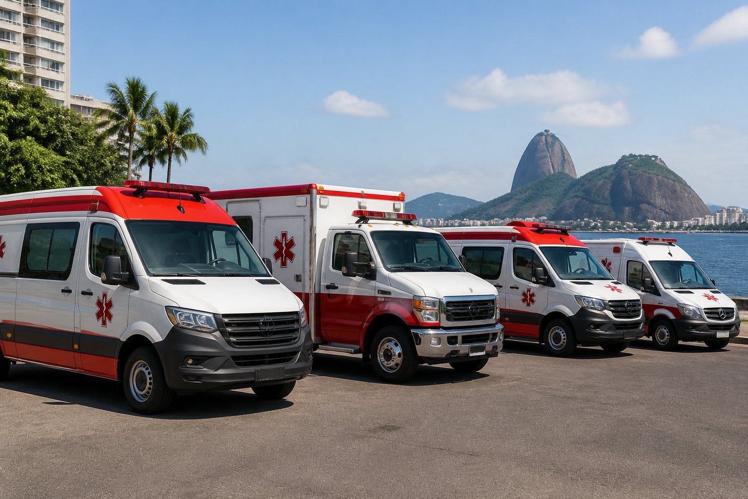 Vários tipos de ambulâncias estacionadas em um ambiente urbano do Rio de Janeiro, com elementos da cidade ao fundo.