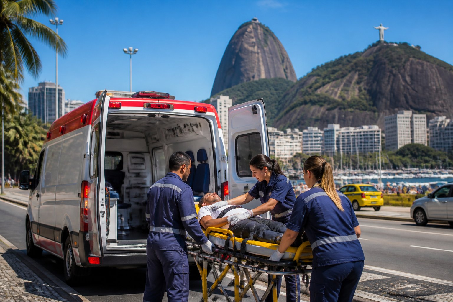 Ambulância estacionada na rua do Rio de Janeiro com paramédicos atendendo um paciente em uma maca, com o Cristo Redentor ao fundo.