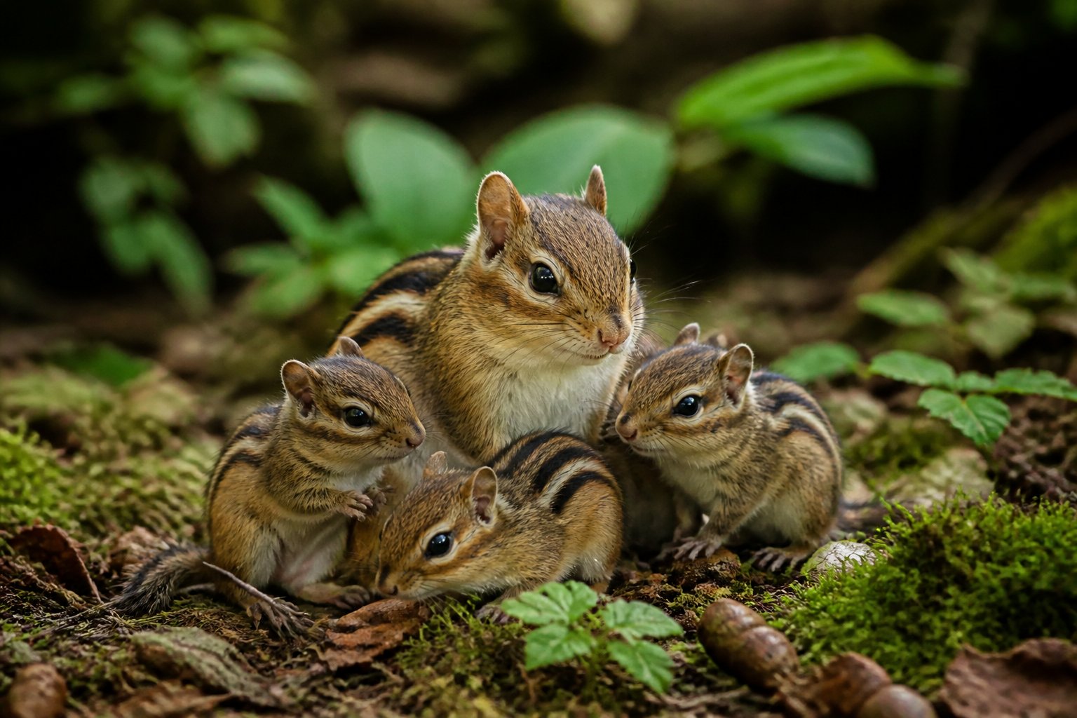 A mother chipmunk with several baby chipmunks gathered around her on a forest floor covered with leaves and moss.