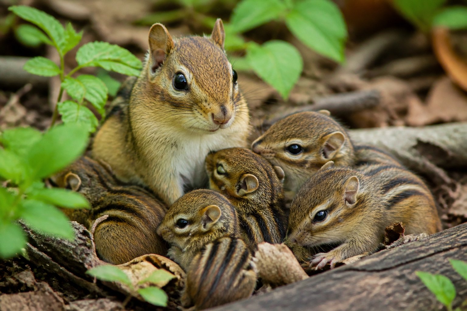 A chipmunk mother with several baby chipmunks gathered around her on the forest floor among leaves and plants.