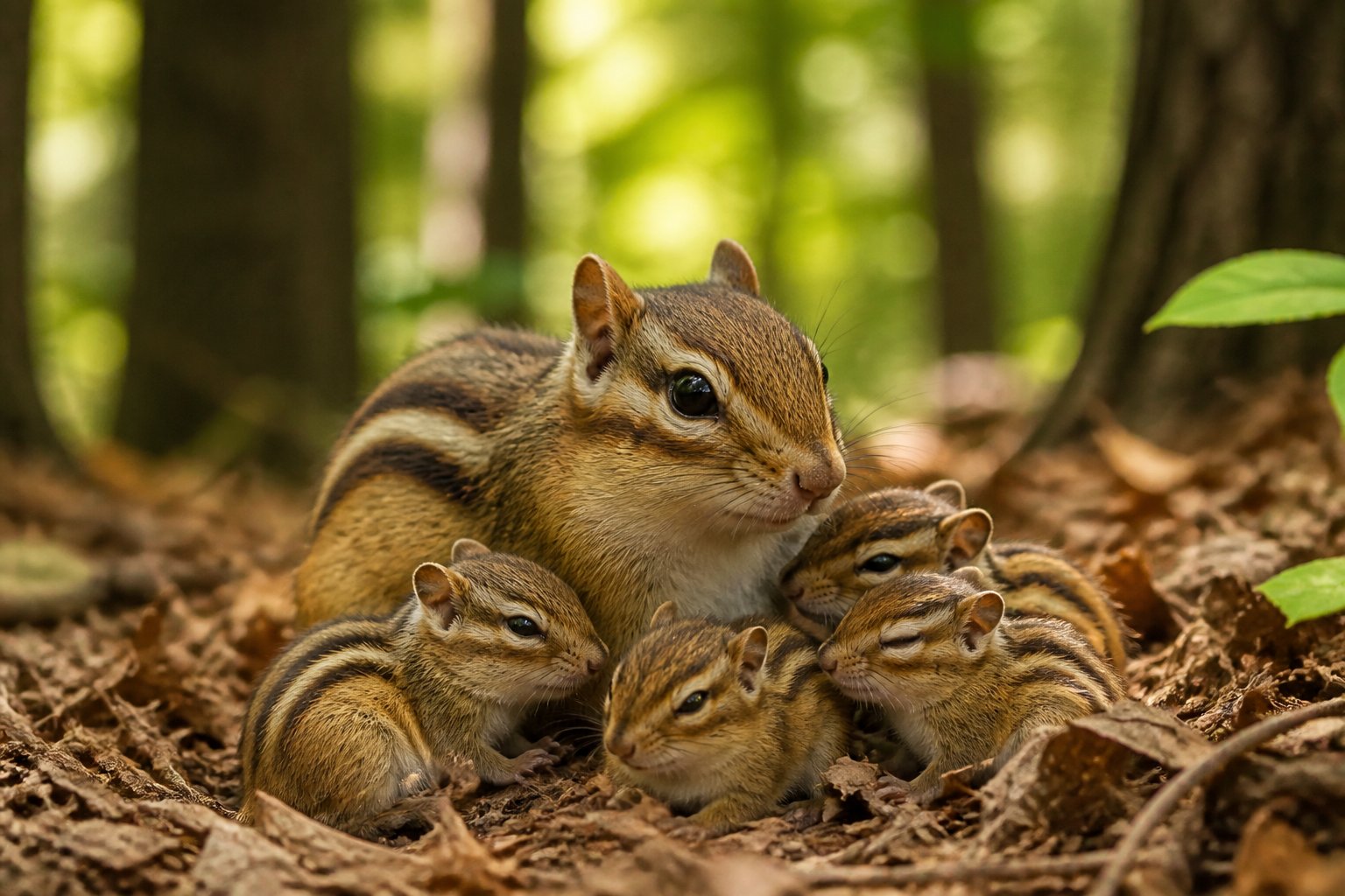A mother chipmunk with several small baby chipmunks nestled together on a forest floor surrounded by leaves and soft sunlight.