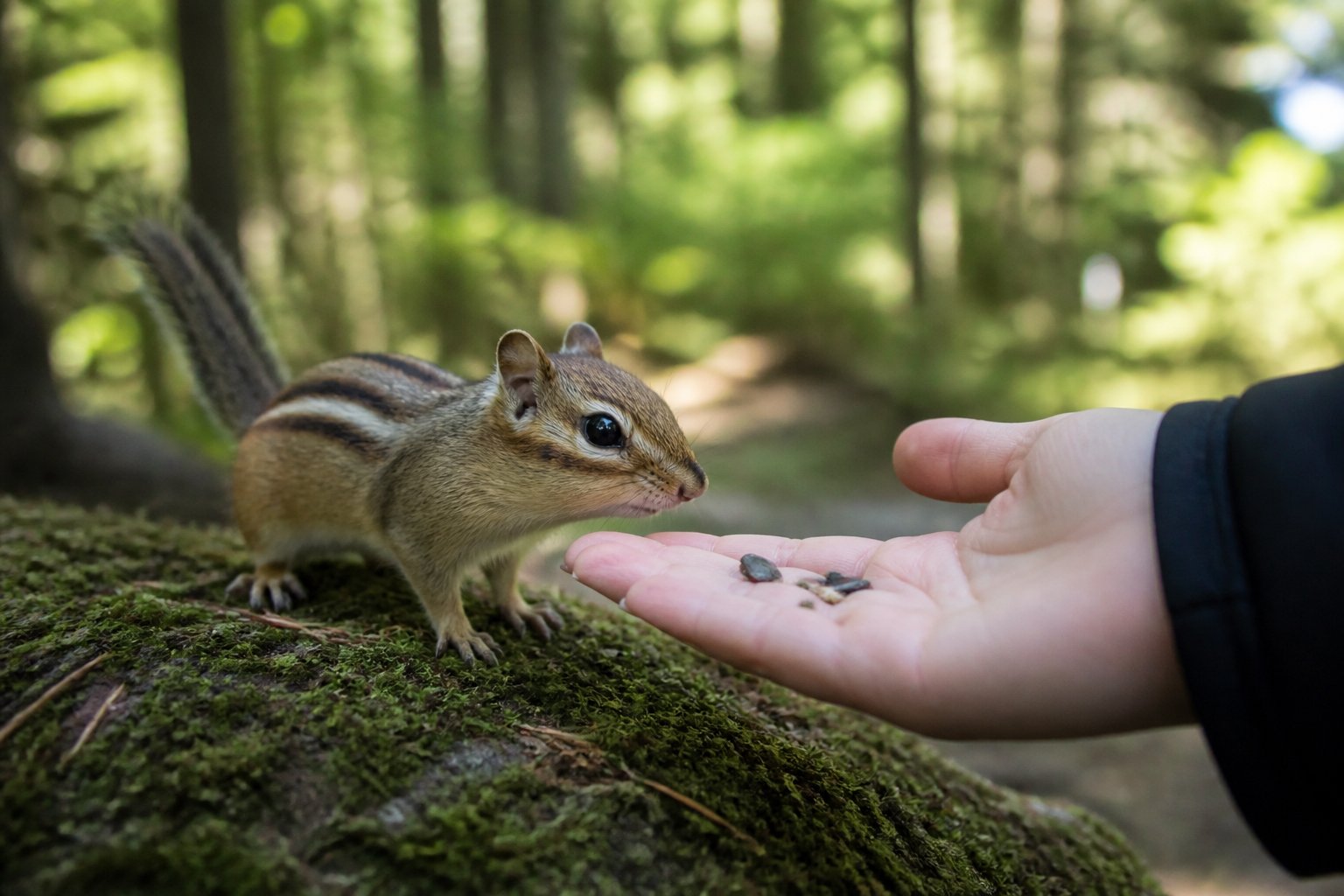 A chipmunk cautiously approaching a human hand offering seeds in a green forest setting.