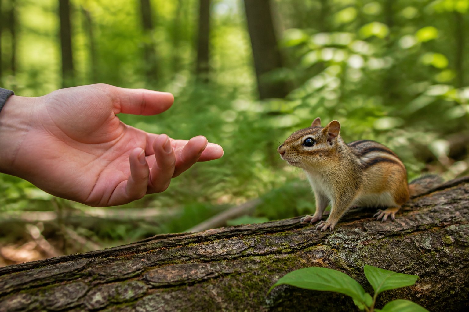A person gently calling a chipmunk in a forest with green trees and sunlight.