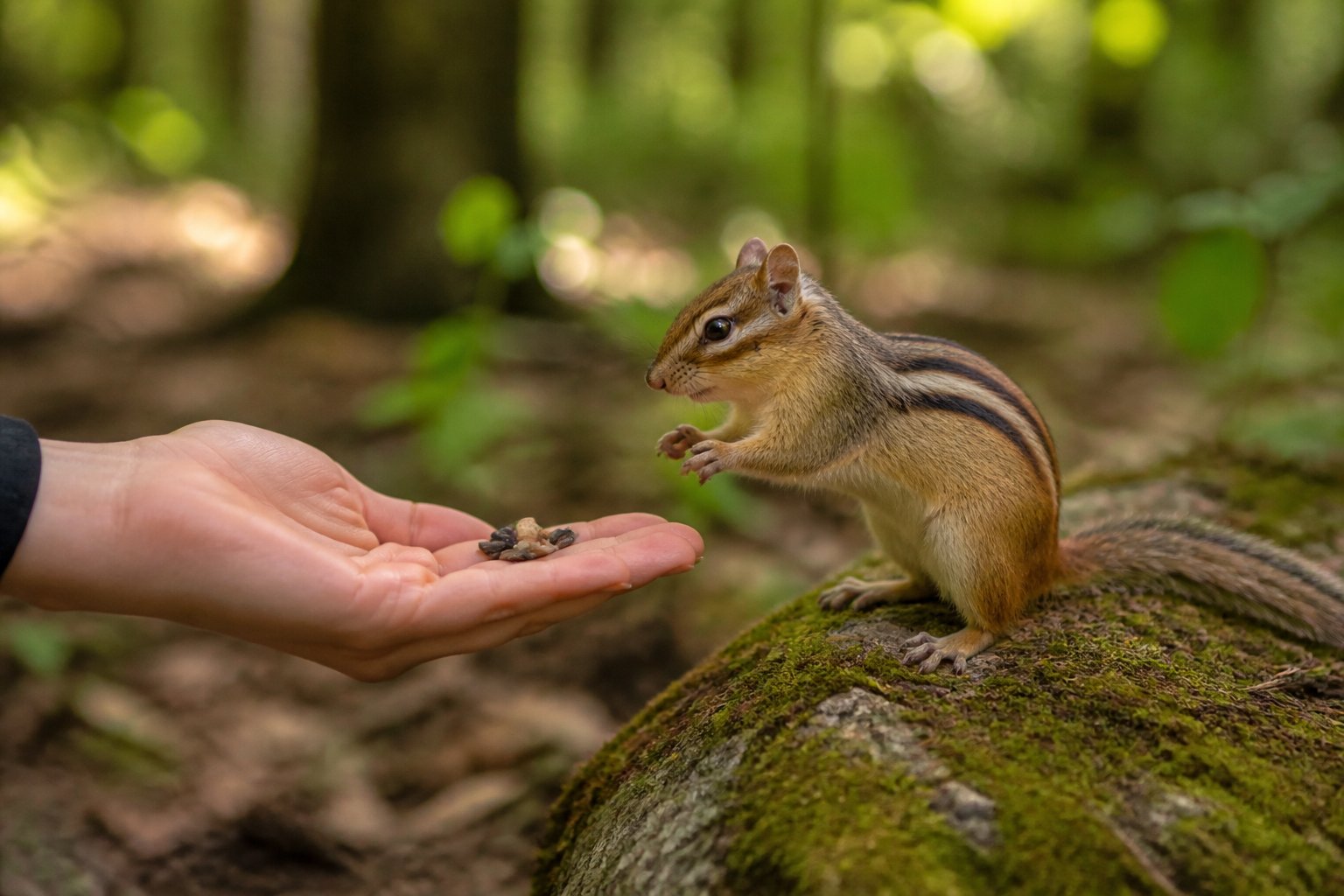A chipmunk cautiously approaches a person's outstretched hand holding seeds in a peaceful forest setting.