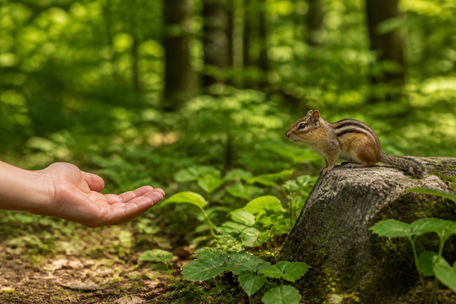 A person gently calling a chipmunk in a green forest with sunlight filtering through the trees.