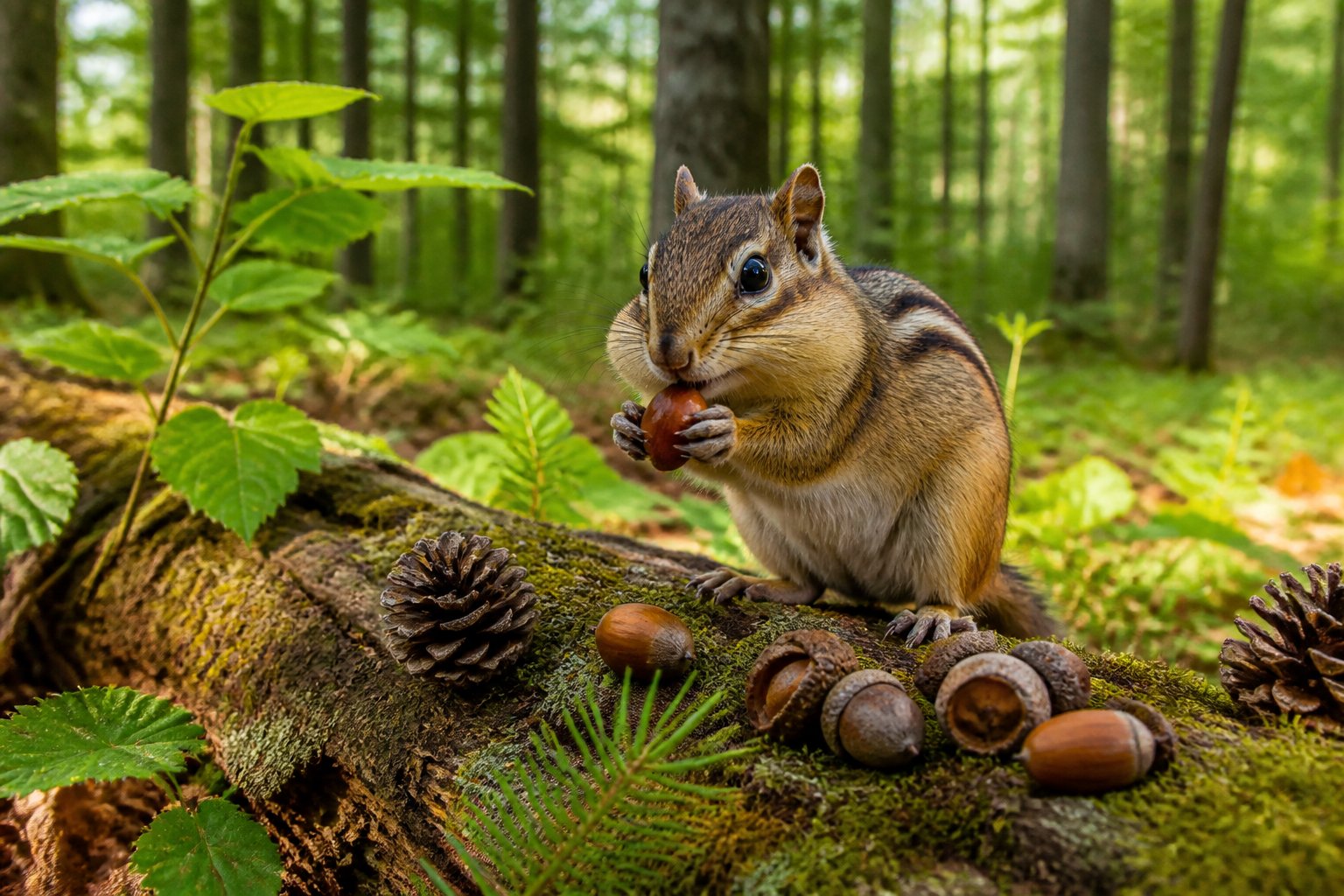 A chipmunk sitting on a mossy log in a forest surrounded by green plants and nuts.