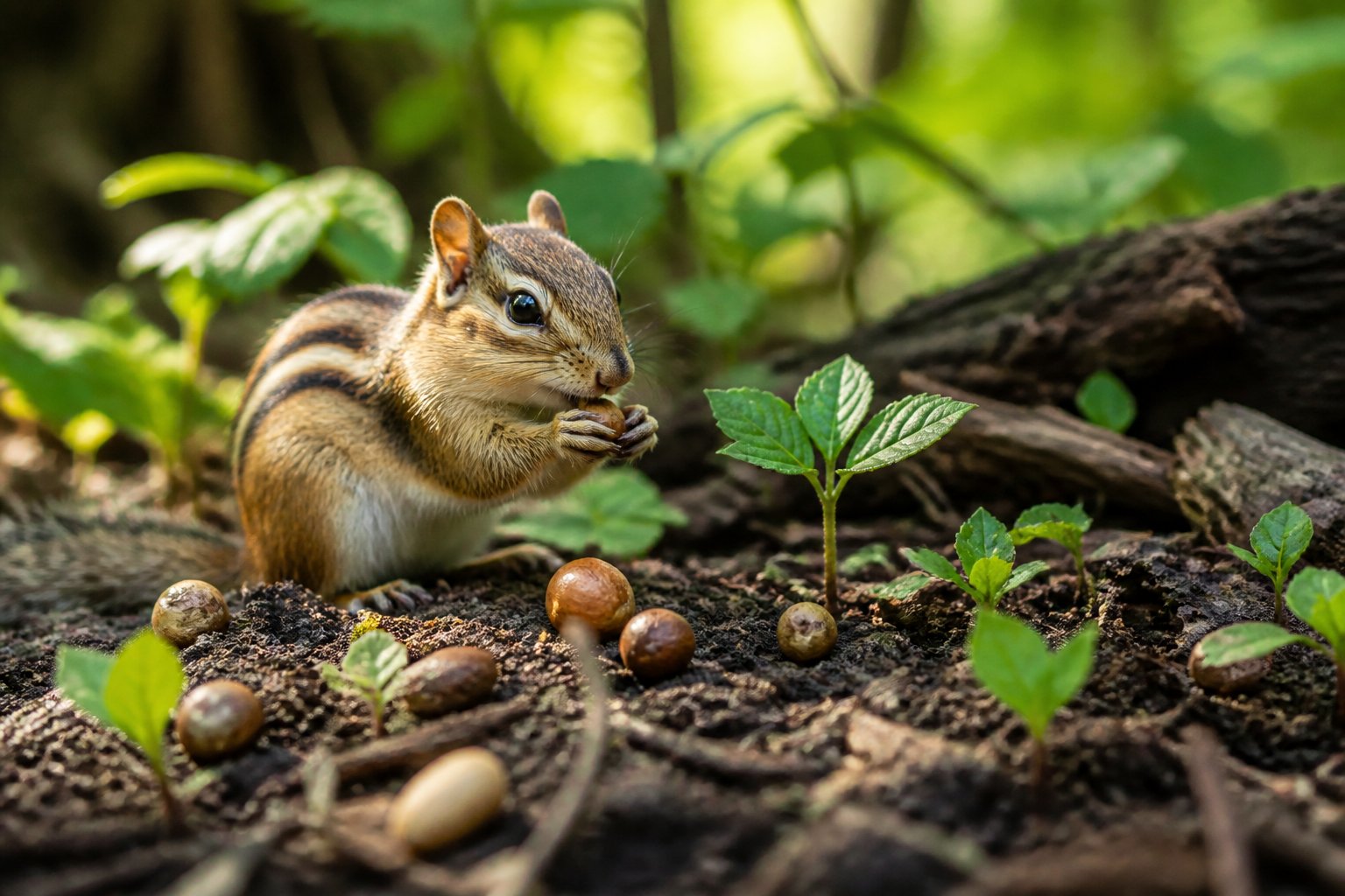 A chipmunk on the forest floor near young plants and seeds, surrounded by green foliage and sunlight.