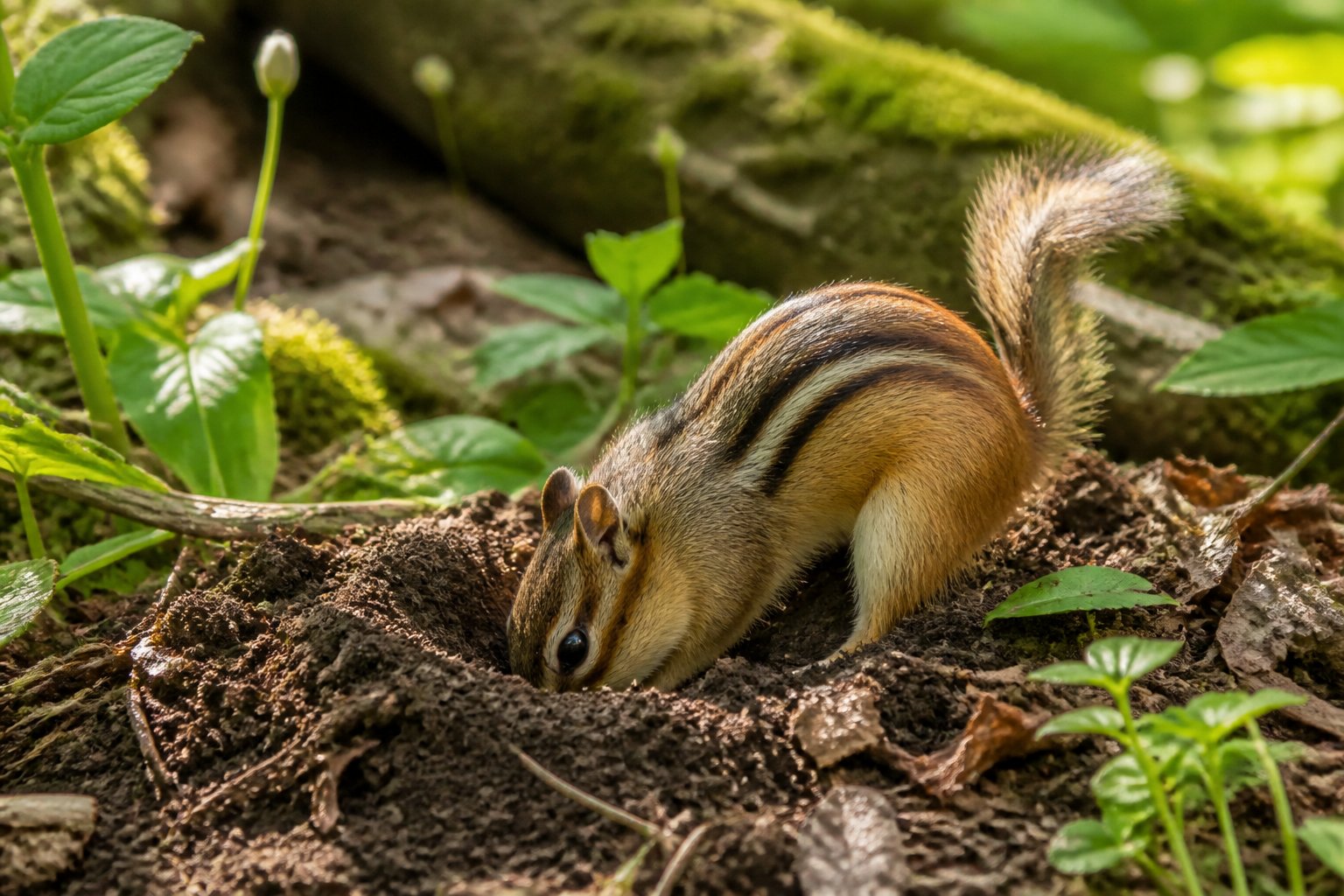 A chipmunk burrowing in the forest floor surrounded by plants and trees.