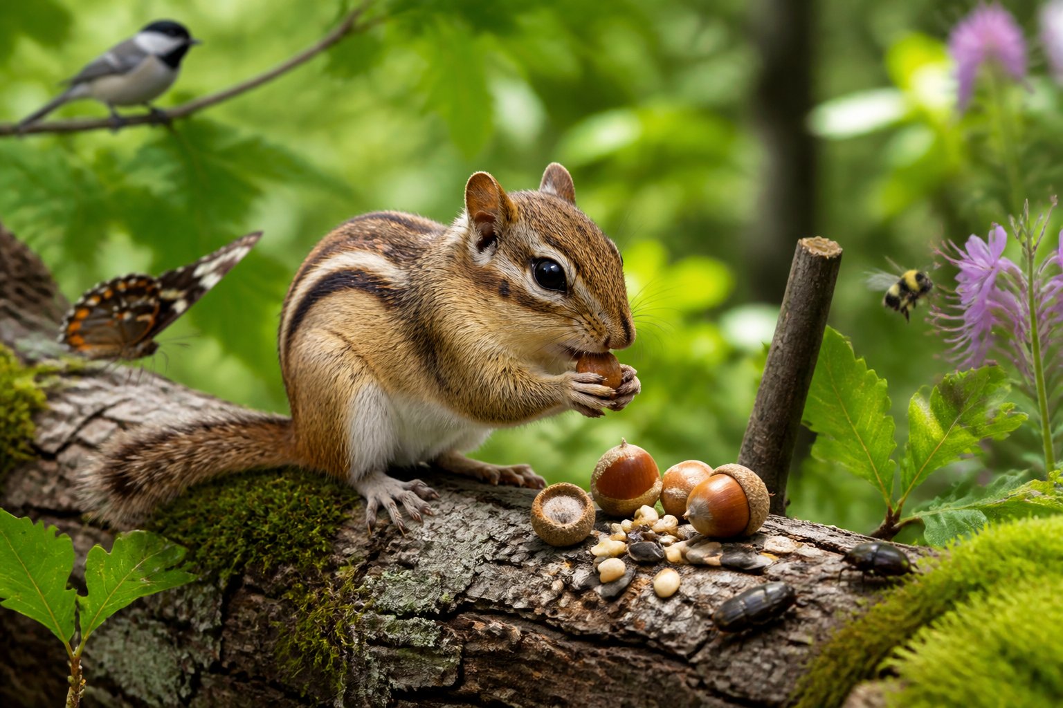 A chipmunk on a tree branch gathering nuts in a green forest with birds and insects in the background.