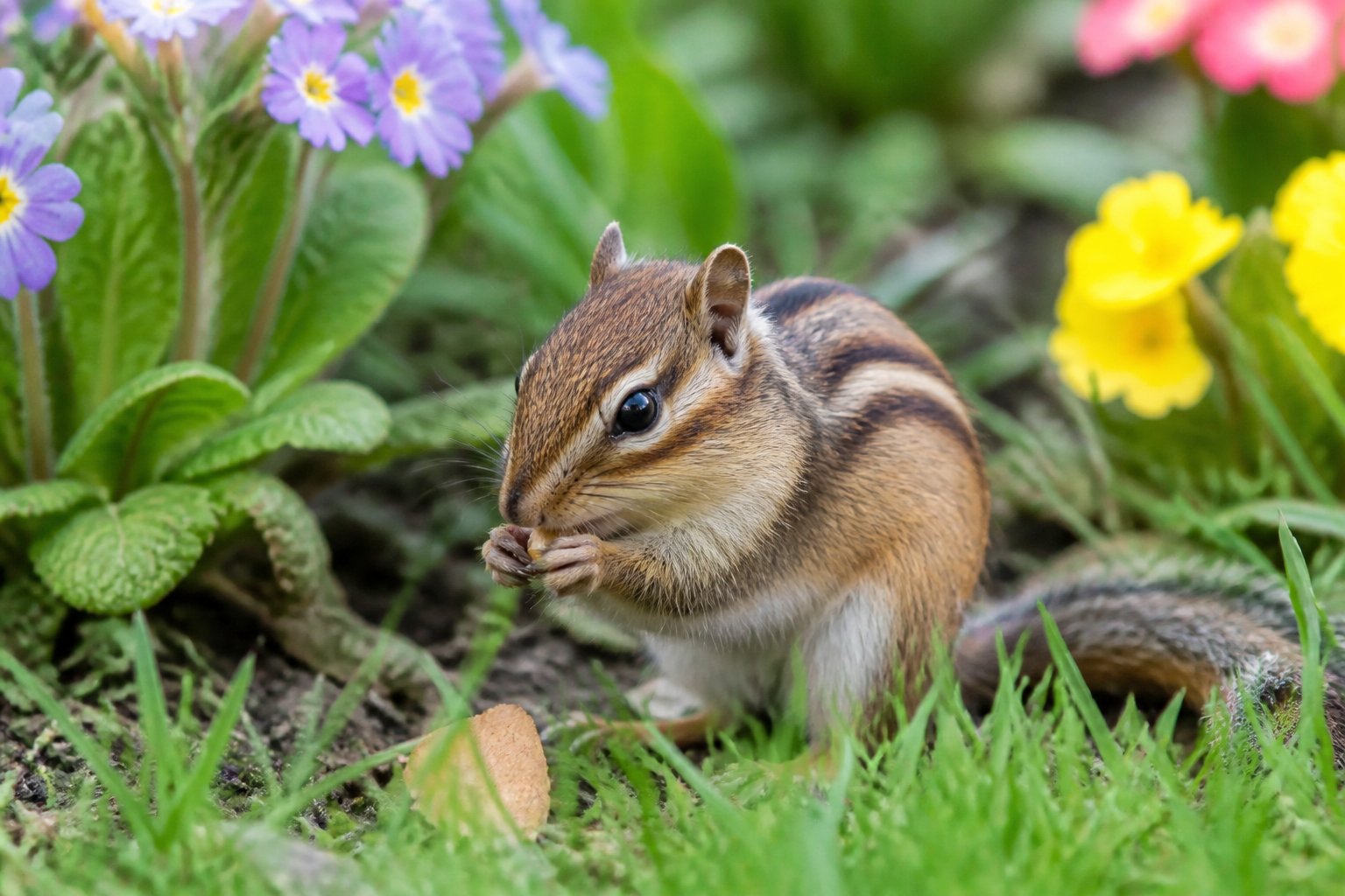 A chipmunk foraging among grass and flowers in a backyard garden.