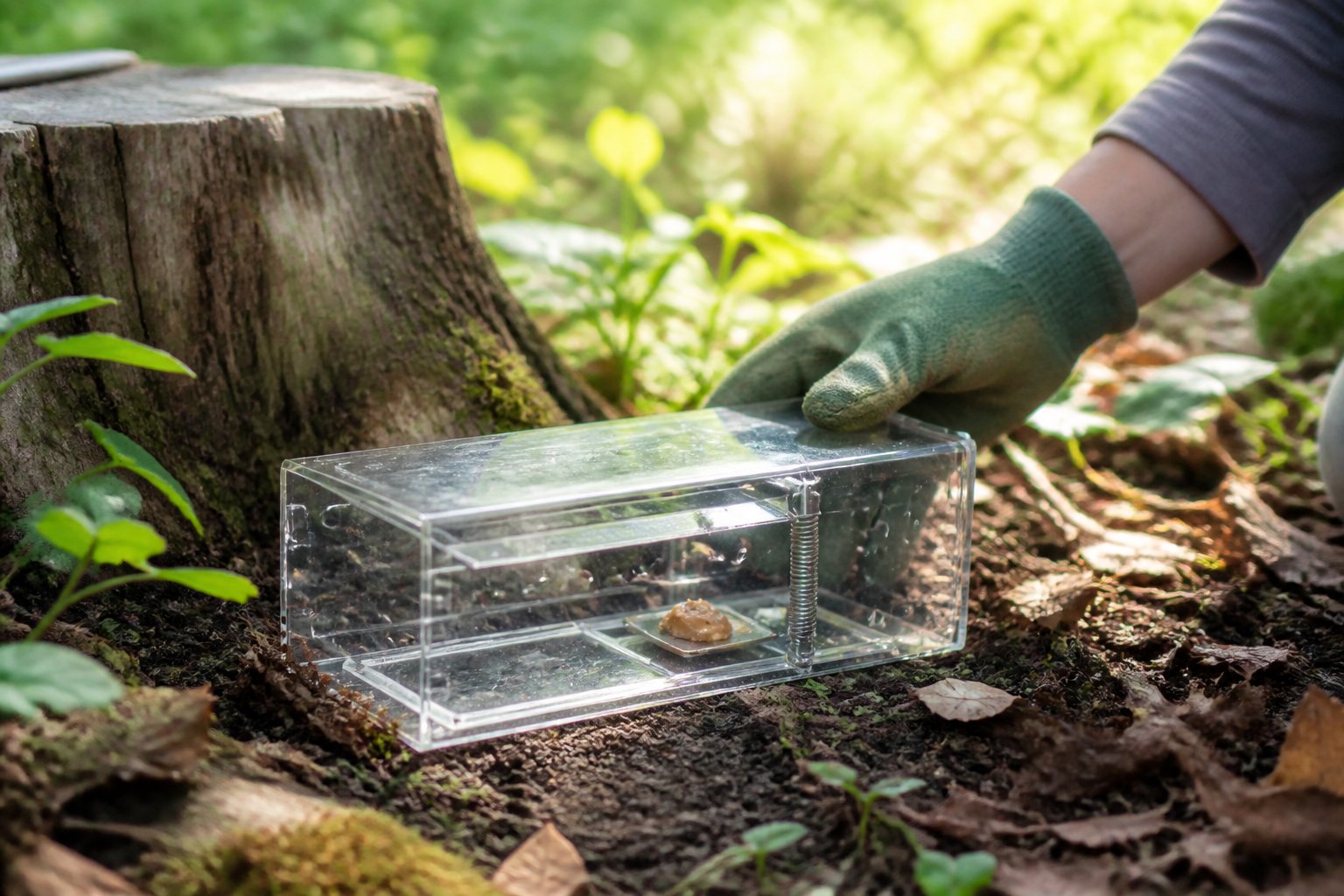 A backyard scene showing a live animal trap with bait near a tree stump, with a gloved hand setting the trap.