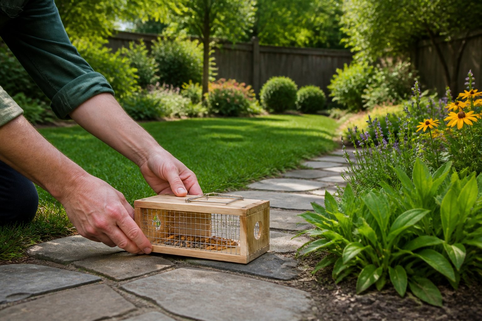 A person setting a small wooden chipmunk trap in a garden surrounded by plants and grass.
