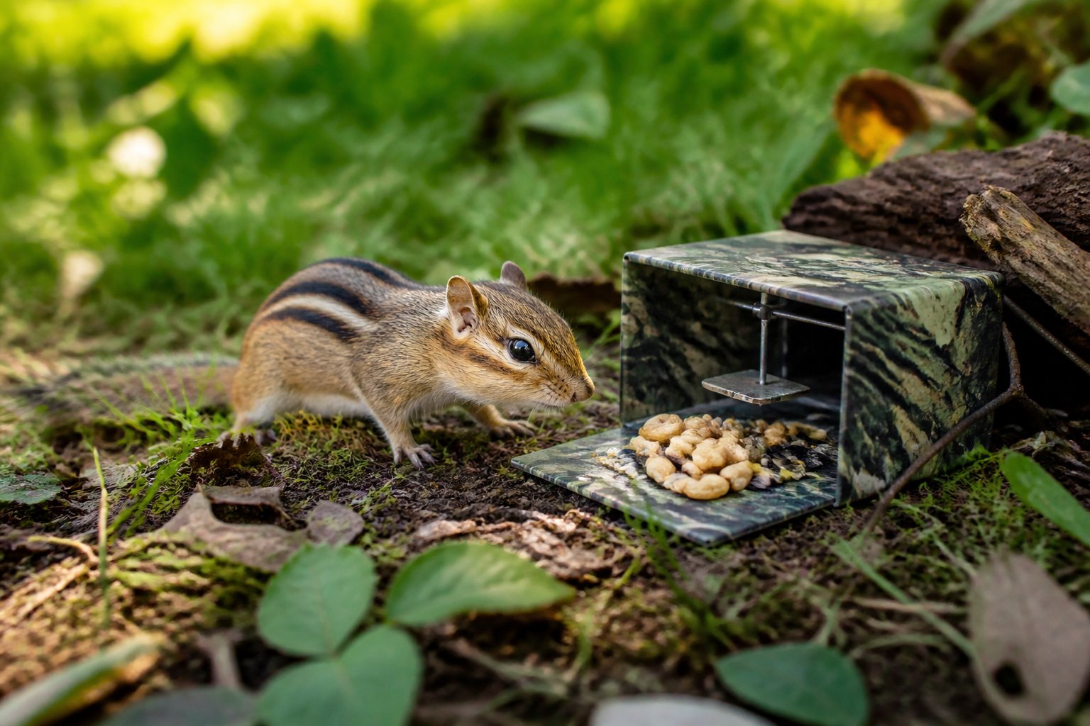 A chipmunk near bait and a small trap in a natural outdoor setting with grass and trees.