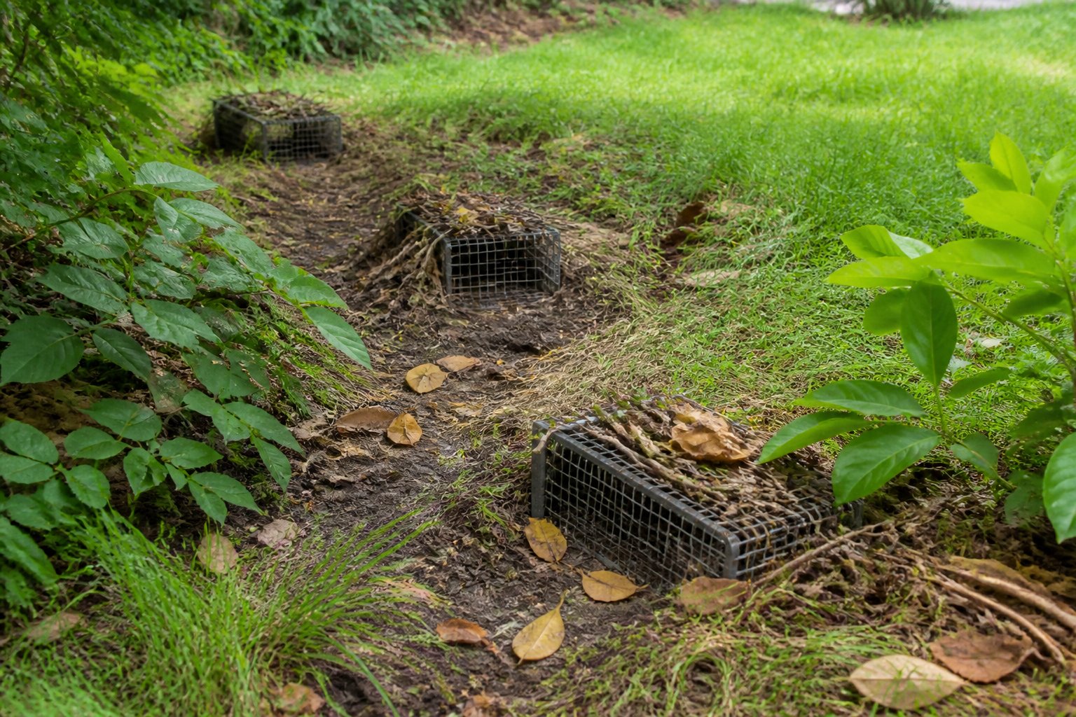A garden scene showing humane chipmunk traps placed along a chipmunk path surrounded by grass and shrubs.