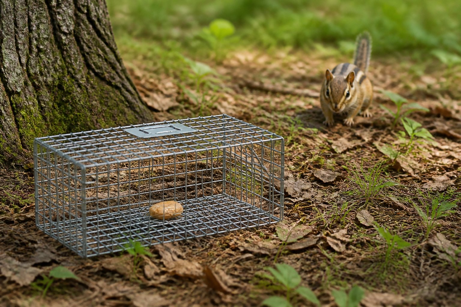 A chipmunk cautiously approaching a small humane trap placed on the forest floor near a tree.