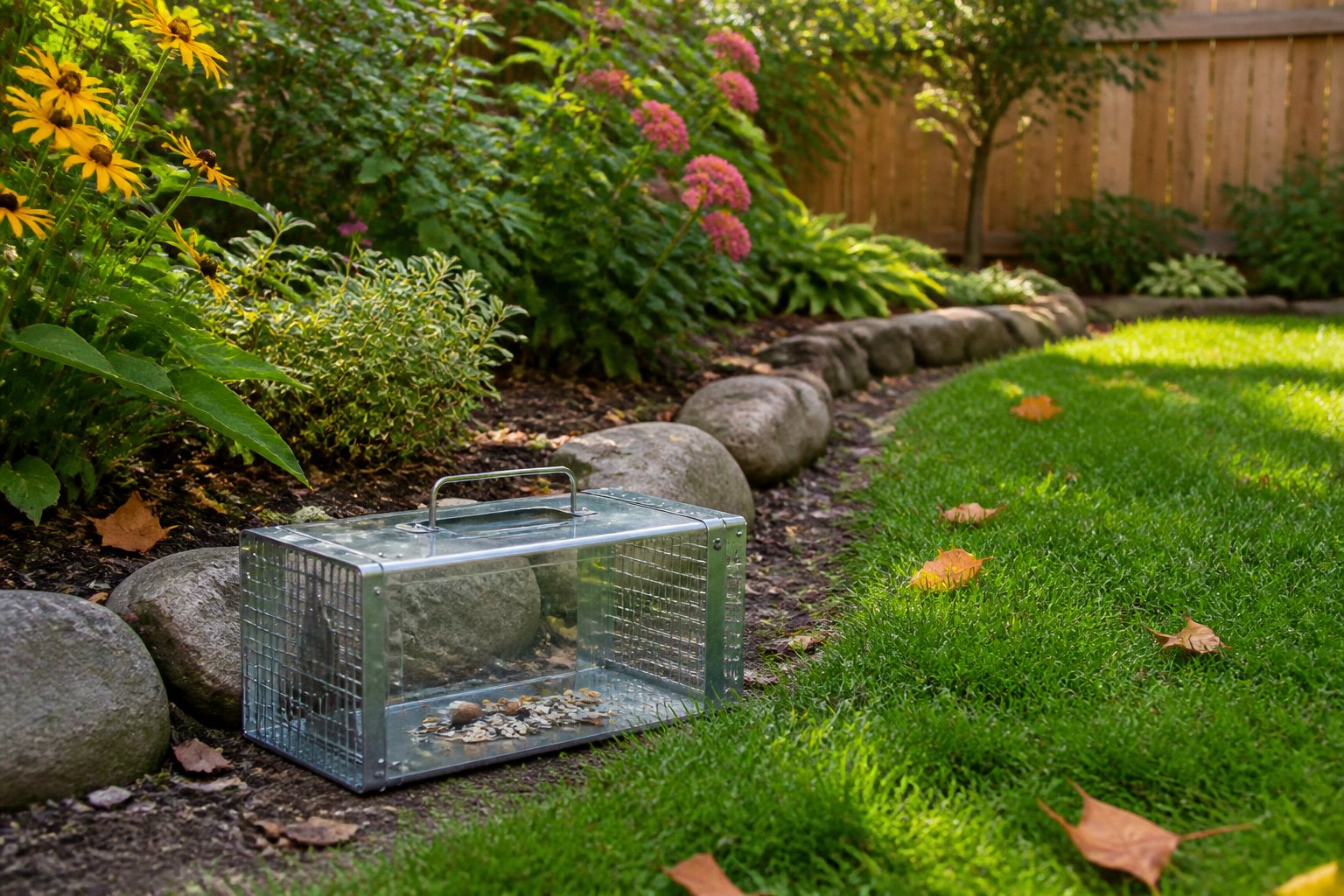 A backyard garden with a small live chipmunk trap placed near a stone border, baited with seeds and nuts.