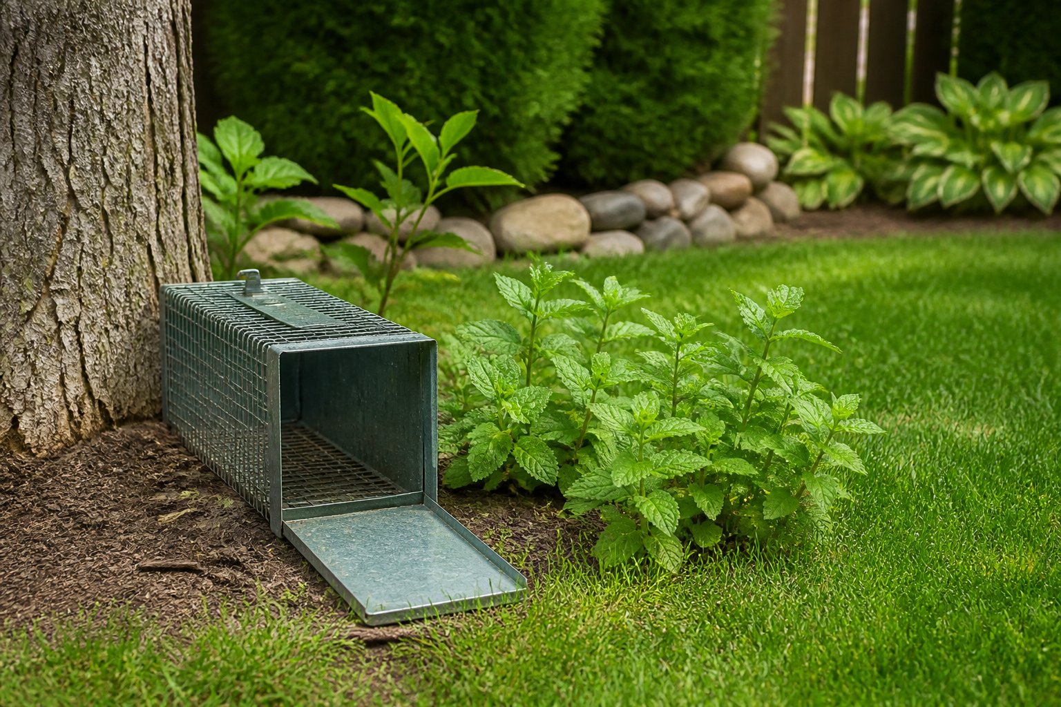 A backyard garden with a humane chipmunk trap placed near a tree and natural plants around it.