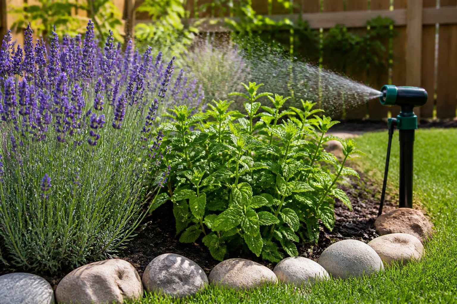 A garden bed with plants and a motion-activated sprinkler designed to deter chipmunks.