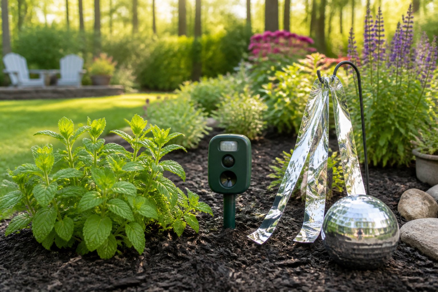 A garden scene showing natural and electronic methods to keep chipmunks away, including peppermint plants, a small pest repeller, and reflective objects.