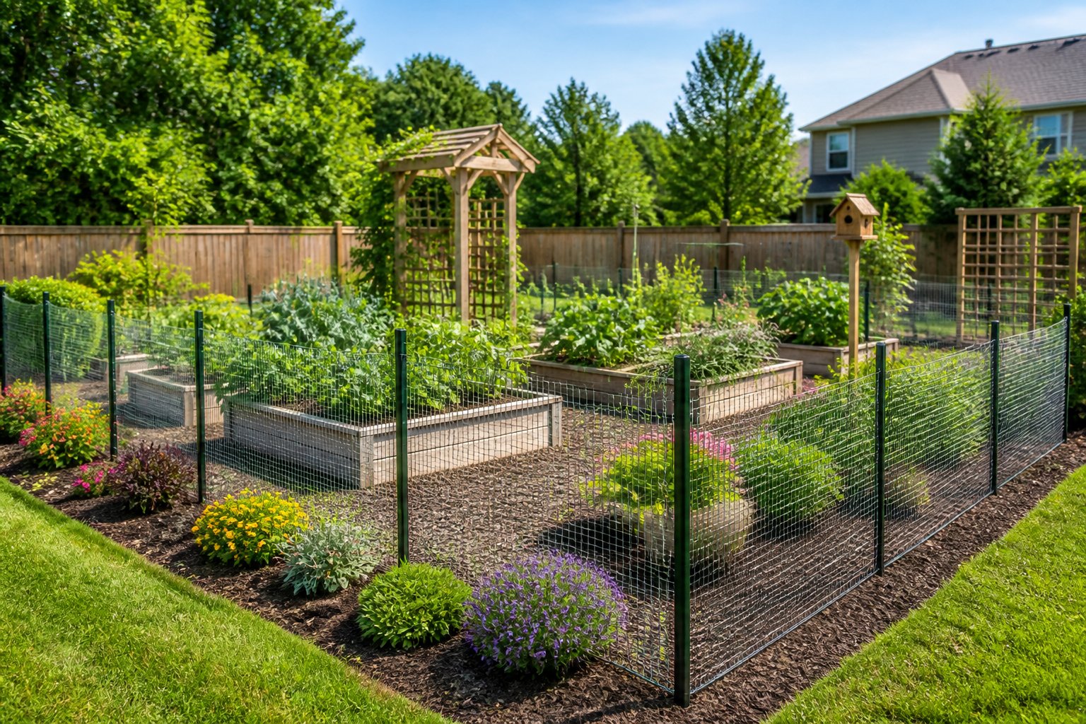 A garden with raised beds and structures surrounded by a fine mesh wire fence to keep out small animals.