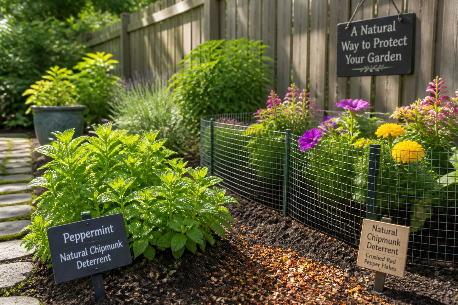 A backyard garden with plants and natural barriers designed to keep chipmunks away.