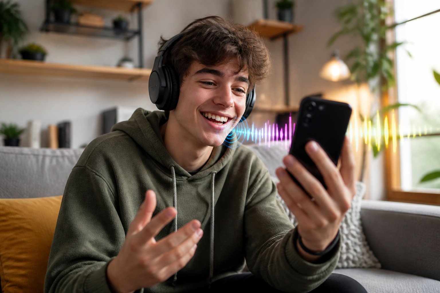 A young person sitting on a sofa, holding a smartphone and smiling while recording a video with headphones on.